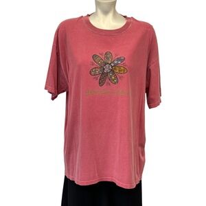 Authentic Pigment Womens Red Floral Galveston Island T-Shirt Size L Short Sleeve